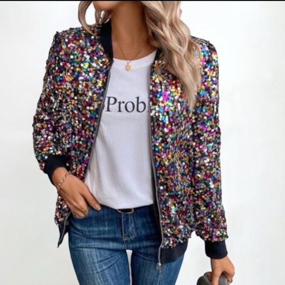 CRESAY Multi Colored Sequined Bomber Jacket Size X-Large Black NWT Hollywood!! - Picture 6 of 14